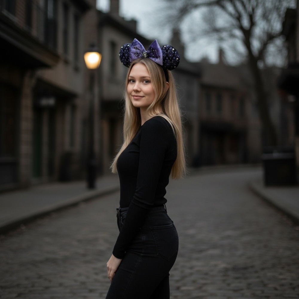 Her Universe Haunted Mansion Ears Headband Purple Black Studded Bow Madame Leota